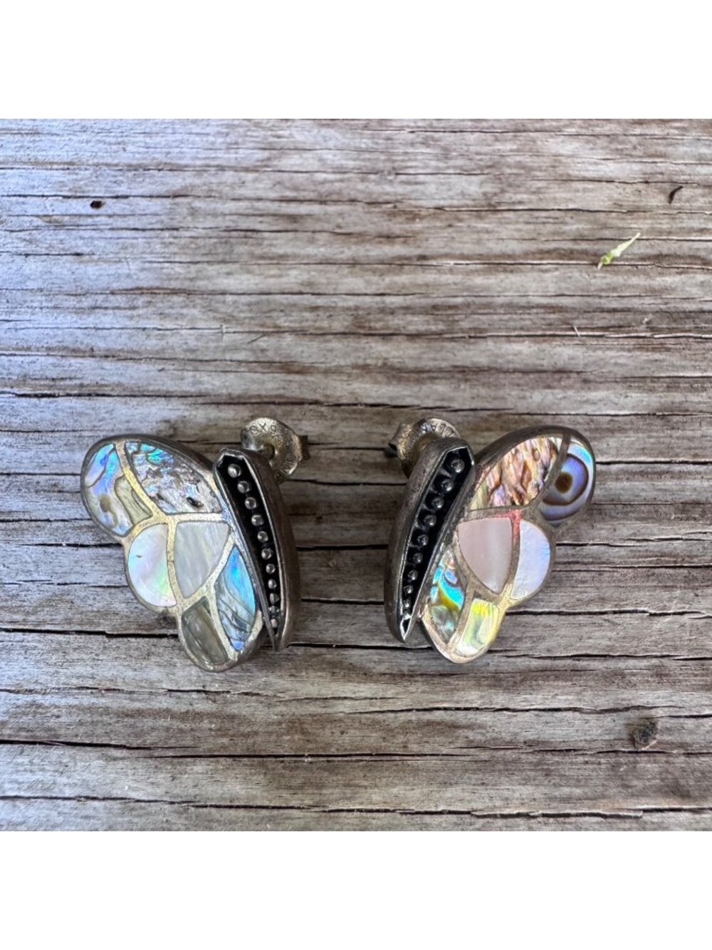 SX 925 Thai Sterling Silver Abalone MOP Butterfly Stud Earrings 8.63g Vintage